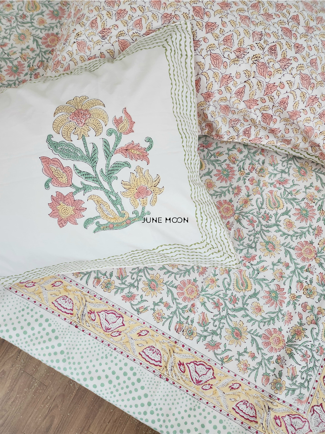 Spring Terrace - Block Printed Bedsheet Set (Peach Base)