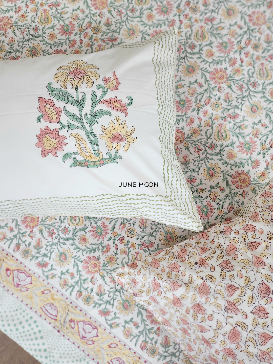 Spring Terrace - Block Printed Bedsheet Set (Peach Base)