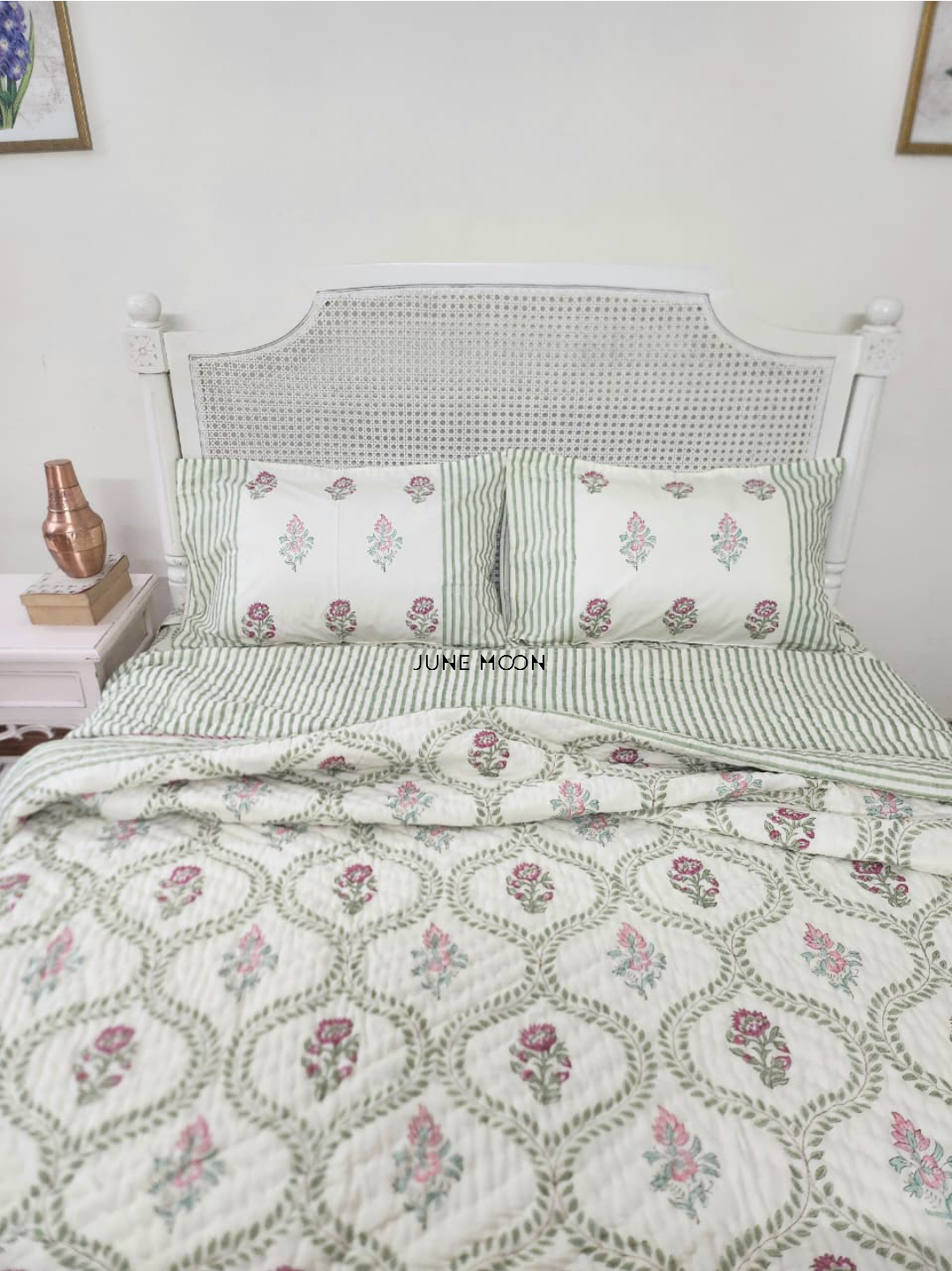 Rosewood - Block Printed Muslin Quilt (Cream Base)