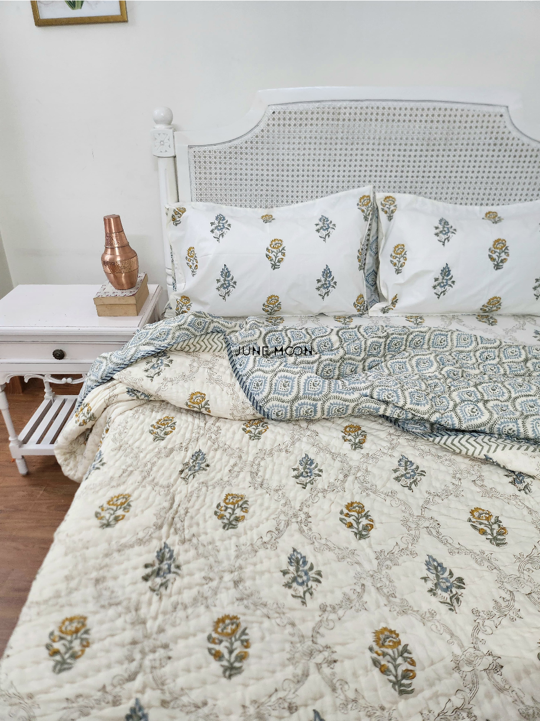 Golden Hour - Block Printed Muslin Quilt (Cream Base)