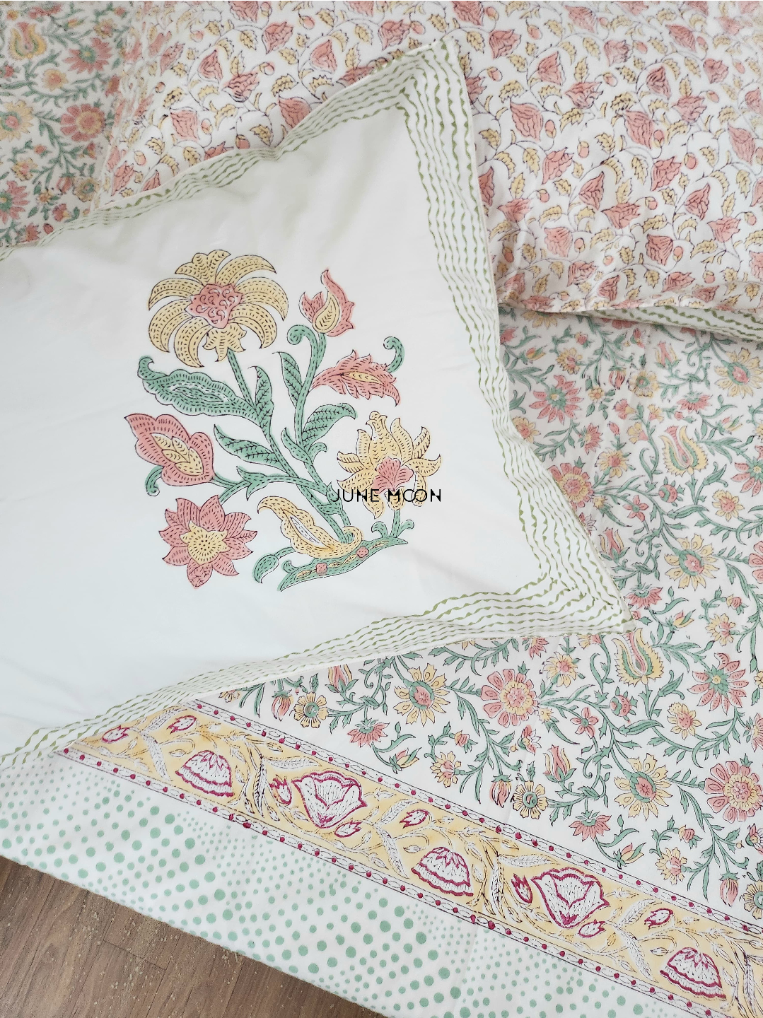 Spring Terrace - Block Printed Bedsheet Set (Peach Base)