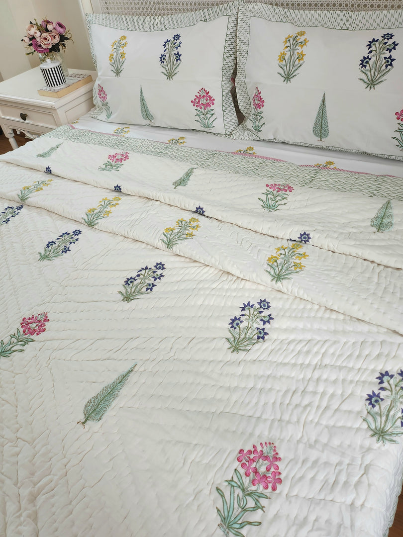 Visions of Eden - Block Printed Muslin Quilt (Off White Base)