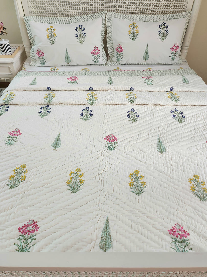 Visions of Eden - Block Printed Muslin Quilt (Off White Base)