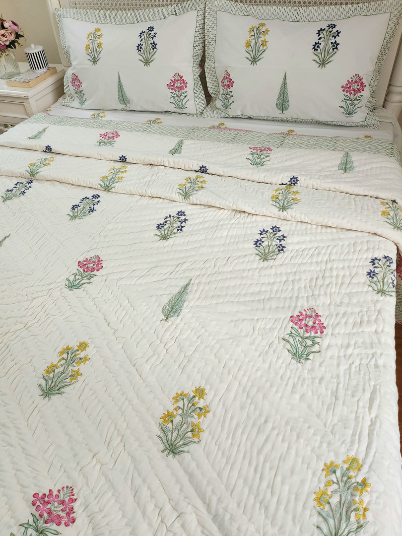 Visions of Eden - Block Printed Muslin Quilt (Off White Base)