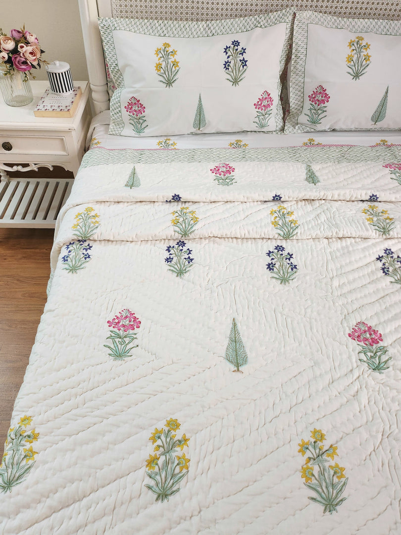 Visions of Eden - Block Printed Muslin Quilt (Off White Base)