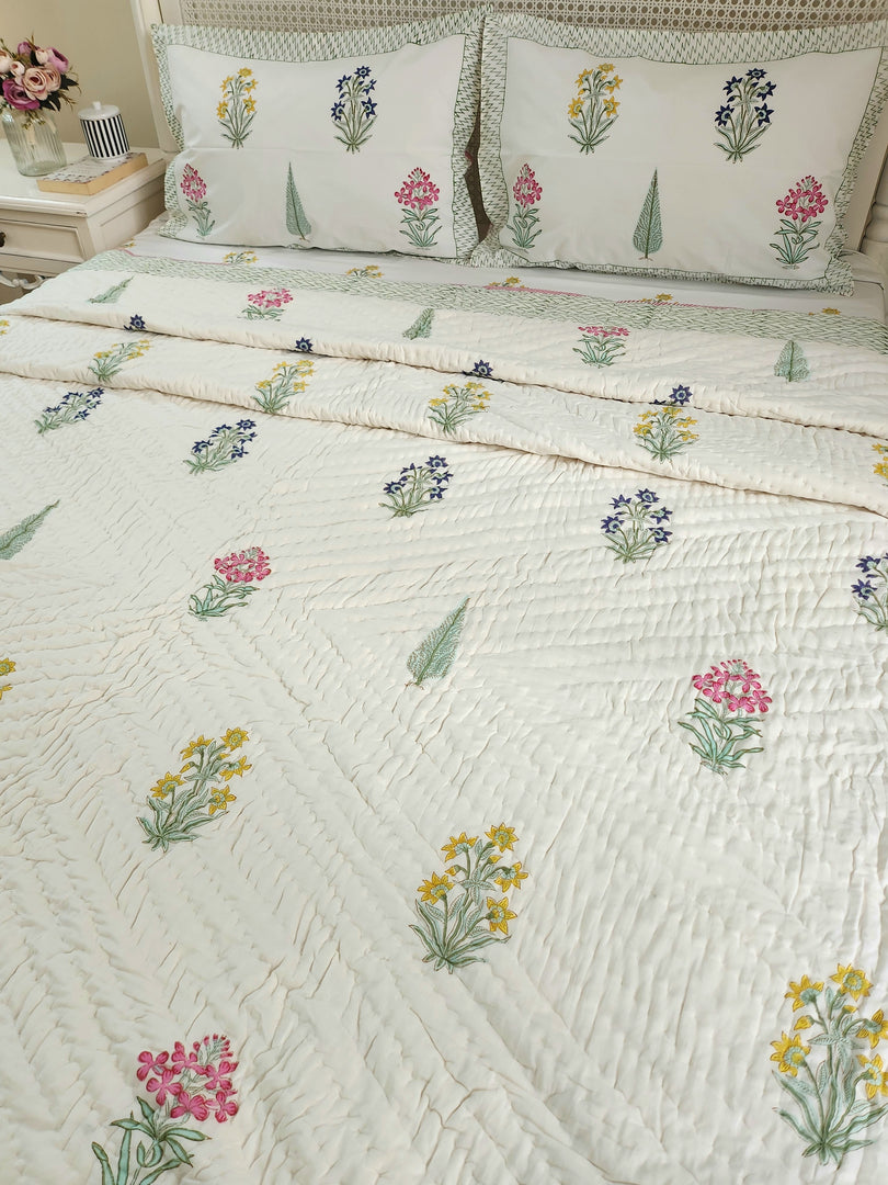 Visions of Eden - Block Printed Muslin Quilt (Off White Base)