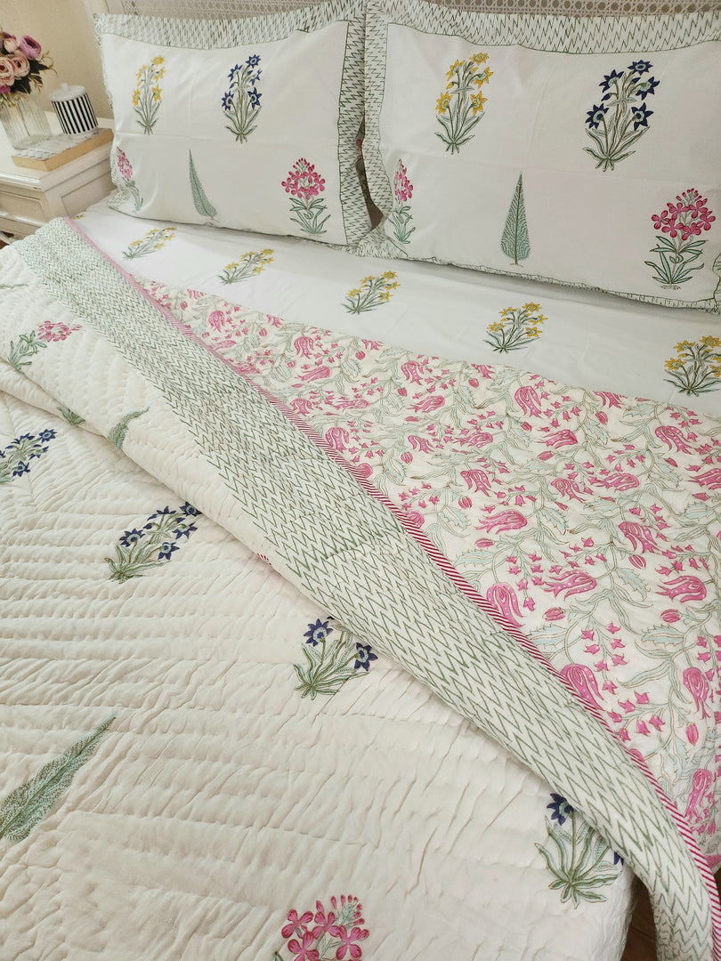 Visions of Eden - Block Printed Muslin Quilt (Off White Base)
