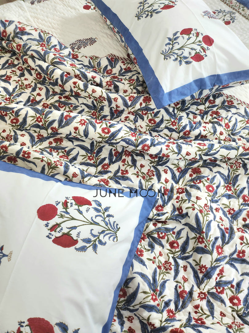 Hued Petals - Block Printed Muslin Quilt