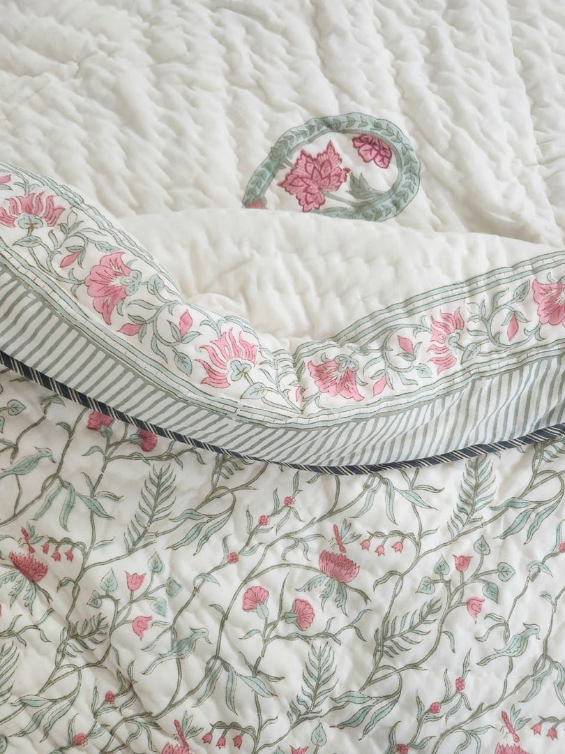 Coral Crush-Block Printed Muslin Quilt (Cream Base)