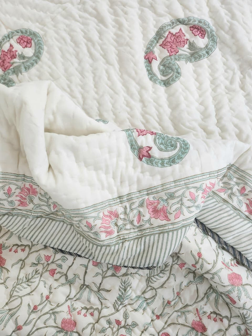 Coral Crush-Block Printed Muslin Quilt (Cream Base)