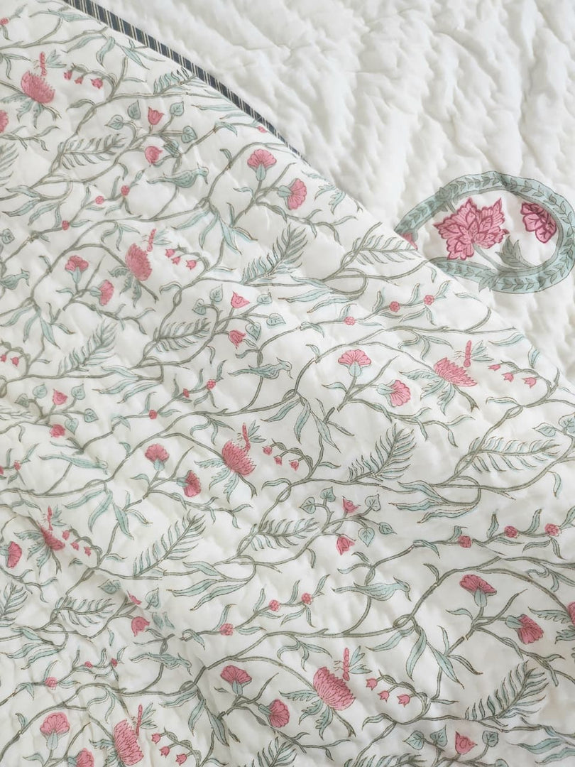 Coral Crush-Block Printed Muslin Quilt (Cream Base)