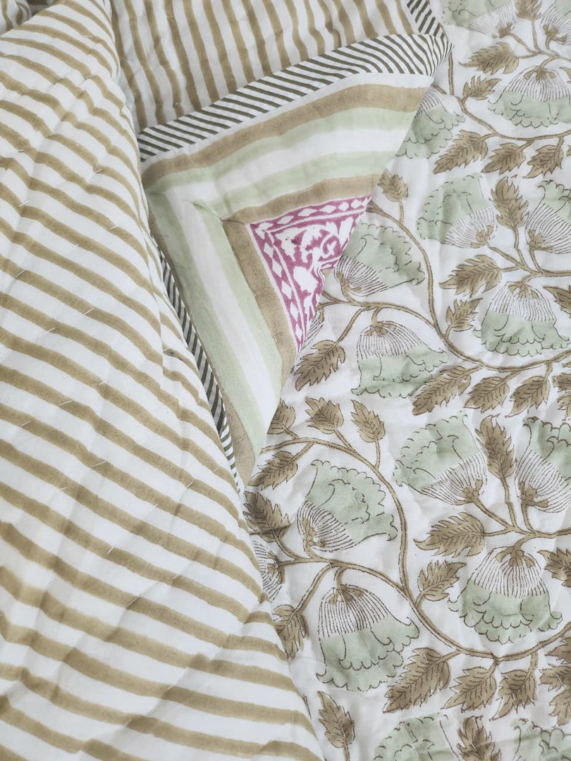 Oasis Of Blooms - Block Printed Muslin Quilt