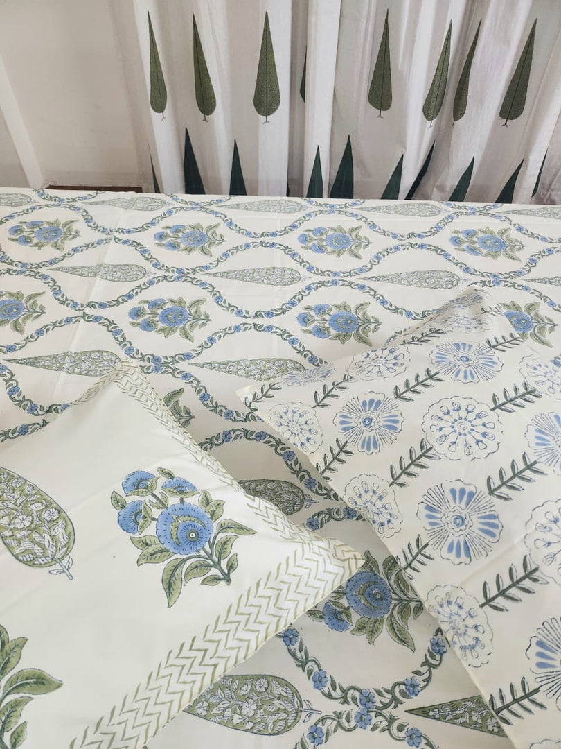 Grass Is Green- Block Printed Bedsheet Set (Cream Base)