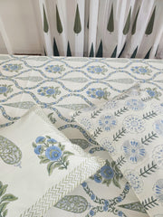 Cool Cascades- Block Printed Bedsheet Set (Cream Base)