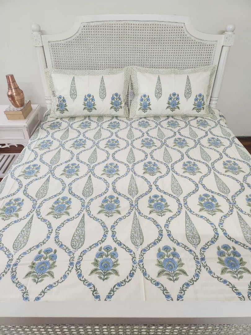 Grass Is Green- Block Printed Bedsheet Set (Cream Base)