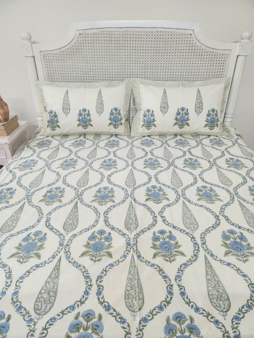 Grass Is Green- Block Printed Bedsheet Set (Cream Base)