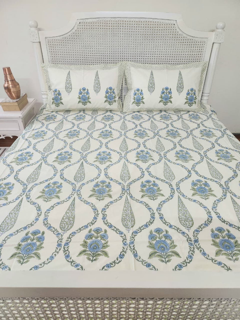 Grass Is Green- Block Printed Bedsheet Set (Cream Base)