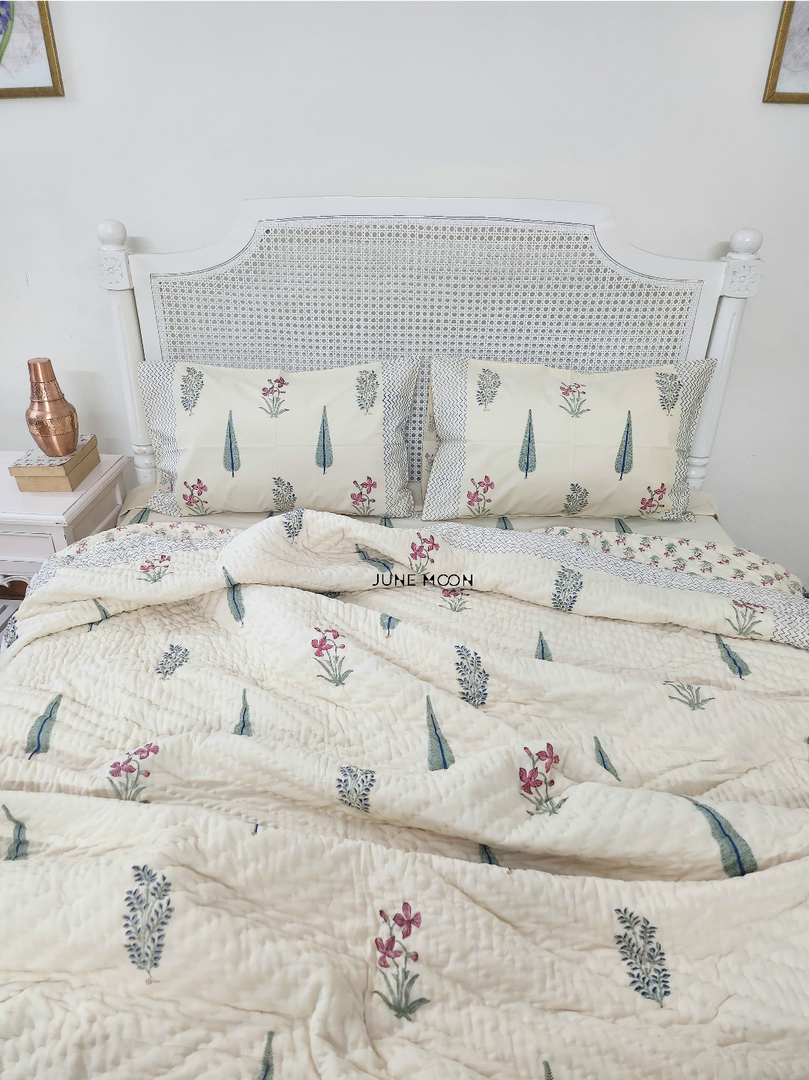 Woodsy Wishes - Block Printed Muslin Quilt (Cream Base)