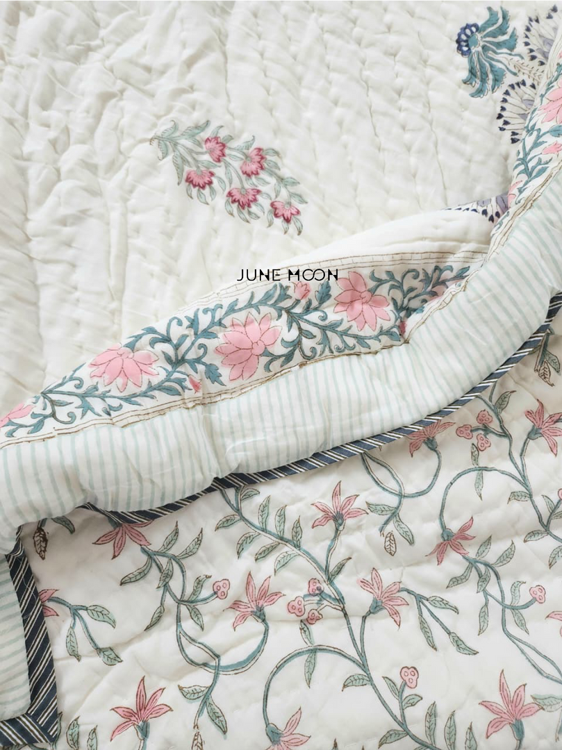 Sweet Melody - Block Printed Muslin Quilt (Cream Base)