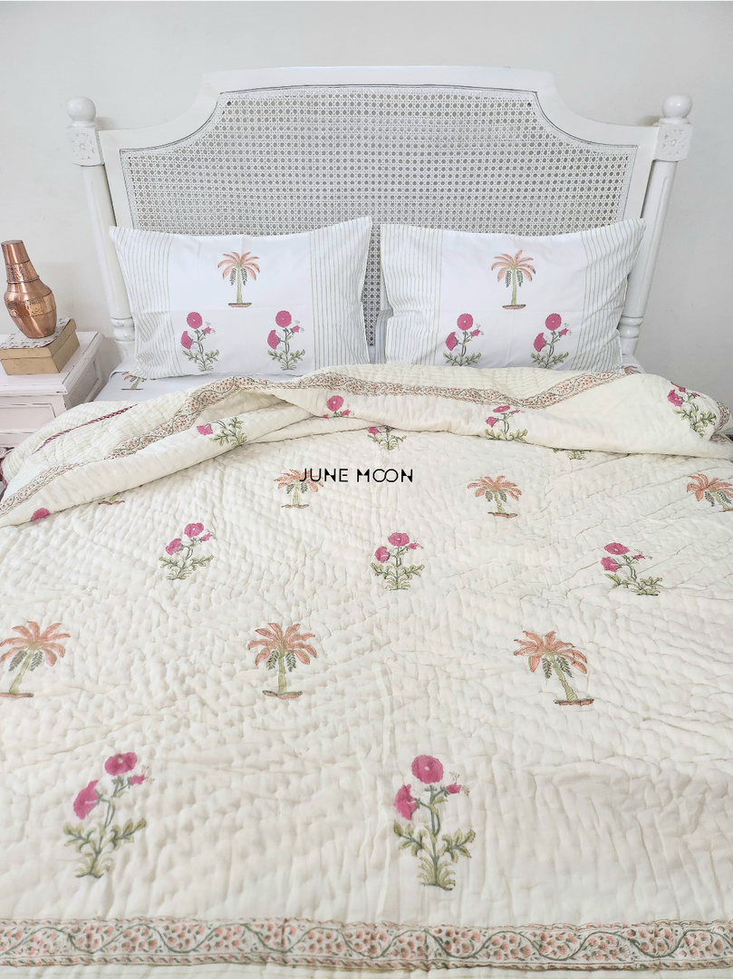 Gulnoor - Set of Quilt & Bedsheet (Quilt - Cream Base)