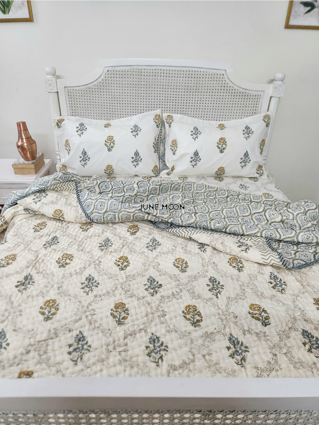 Golden Hour - Block Printed Muslin Quilt (Cream Base)
