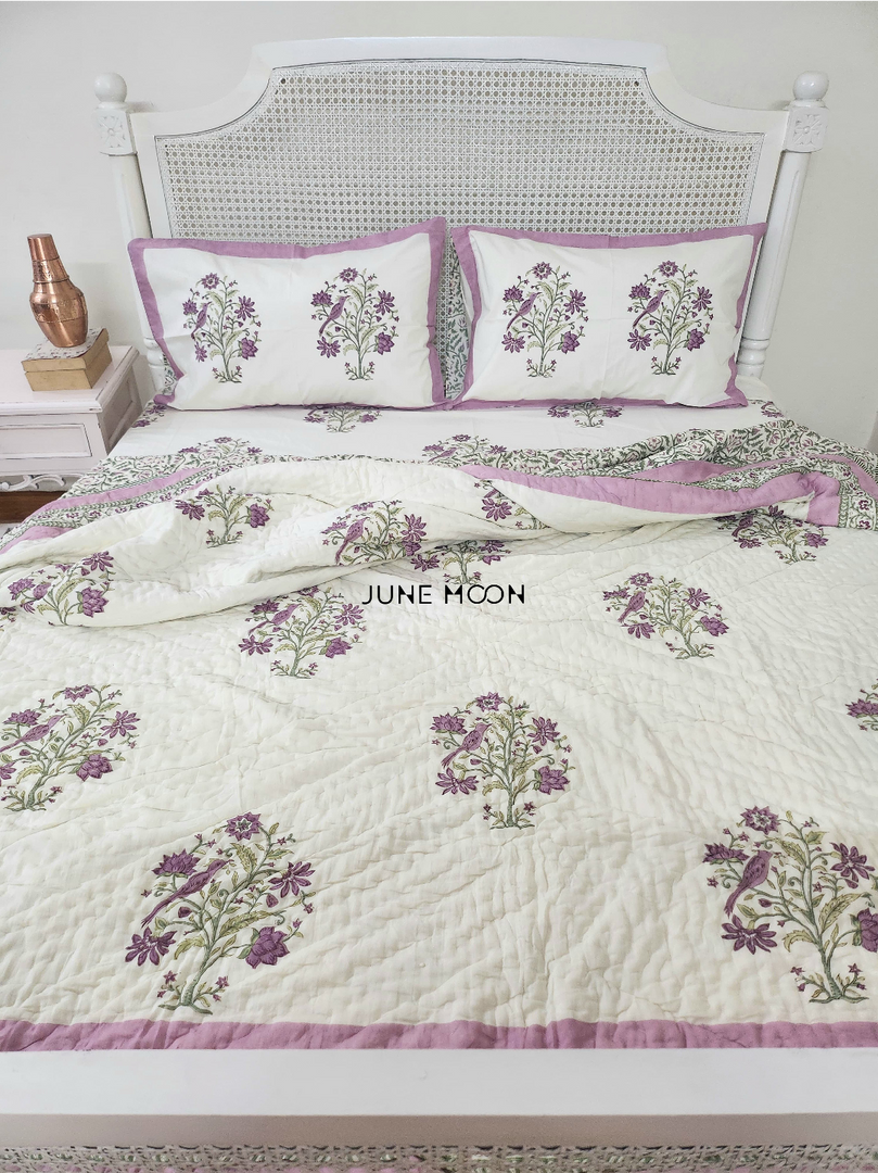 Lavender Fairy - Block Printed Muslin Quilt (Cream Base)