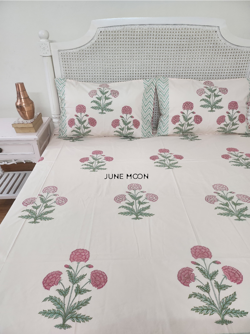 Hued Mist - Block Printed Bedsheet Set (Pink Base)