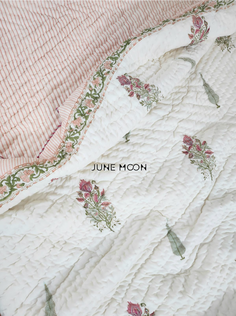 Sweet Escape - Block Printed Muslin Quilt (Off White Base)