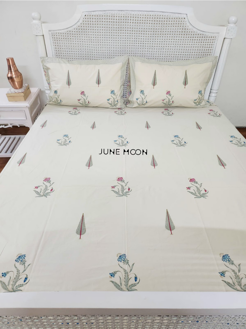 Forget Me Not - Block Printed Bedsheet Set (Cream Base)