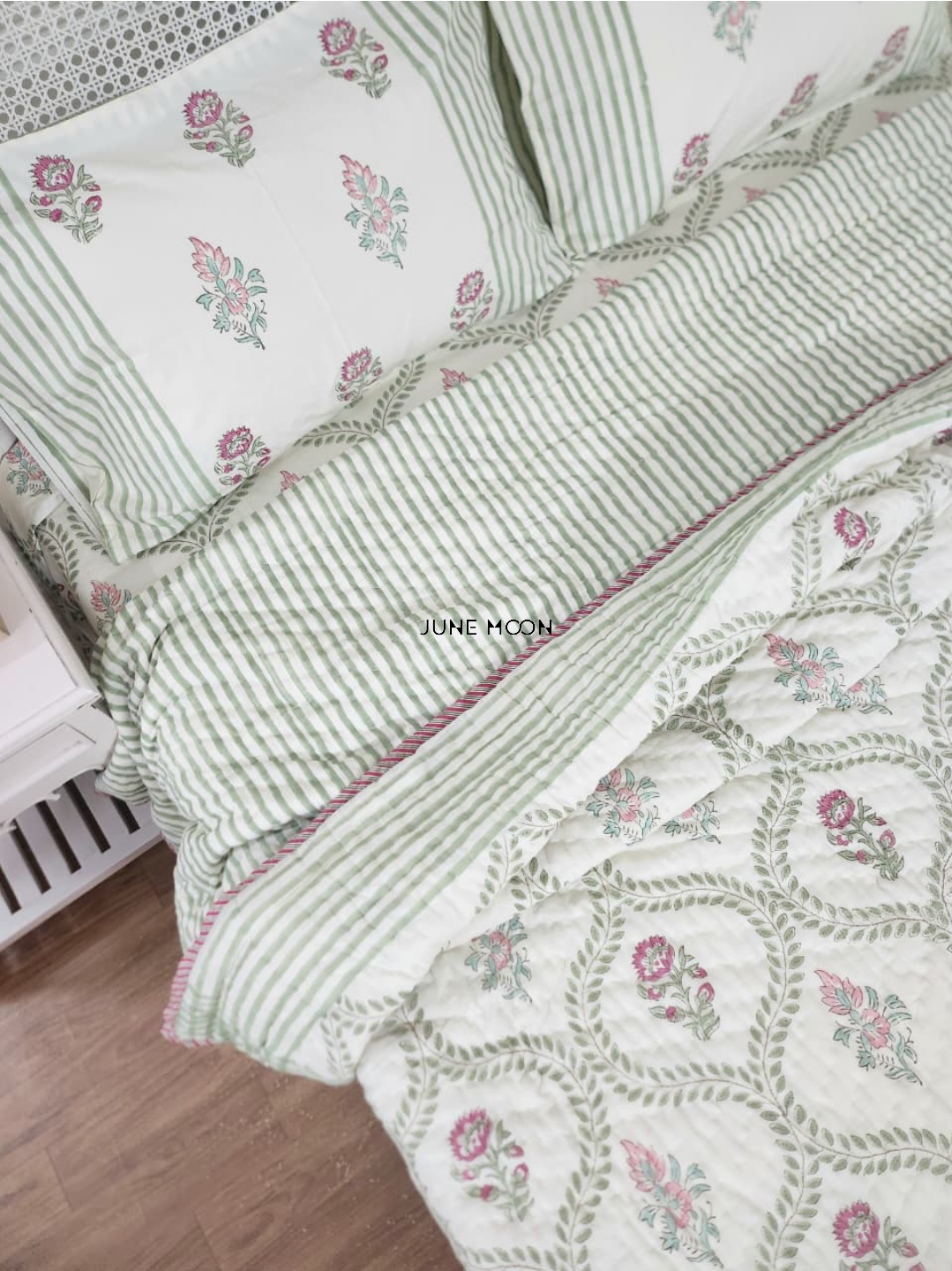 Rosewood - Block Printed Muslin Quilt (Cream Base)