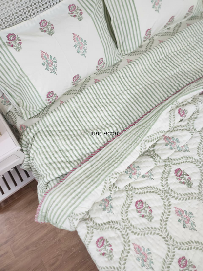 Rosewood - Block Printed Muslin Quilt (Cream Base)