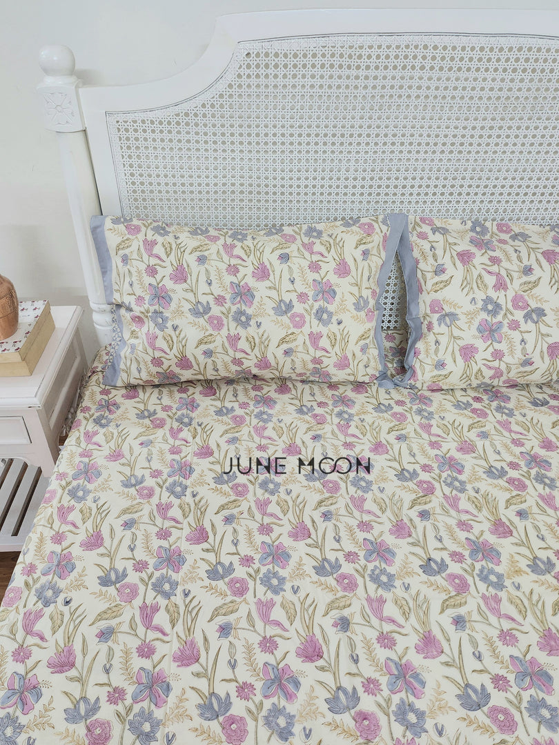 Lavendelle - Block Printed Bedsheet Set (Cream Base)