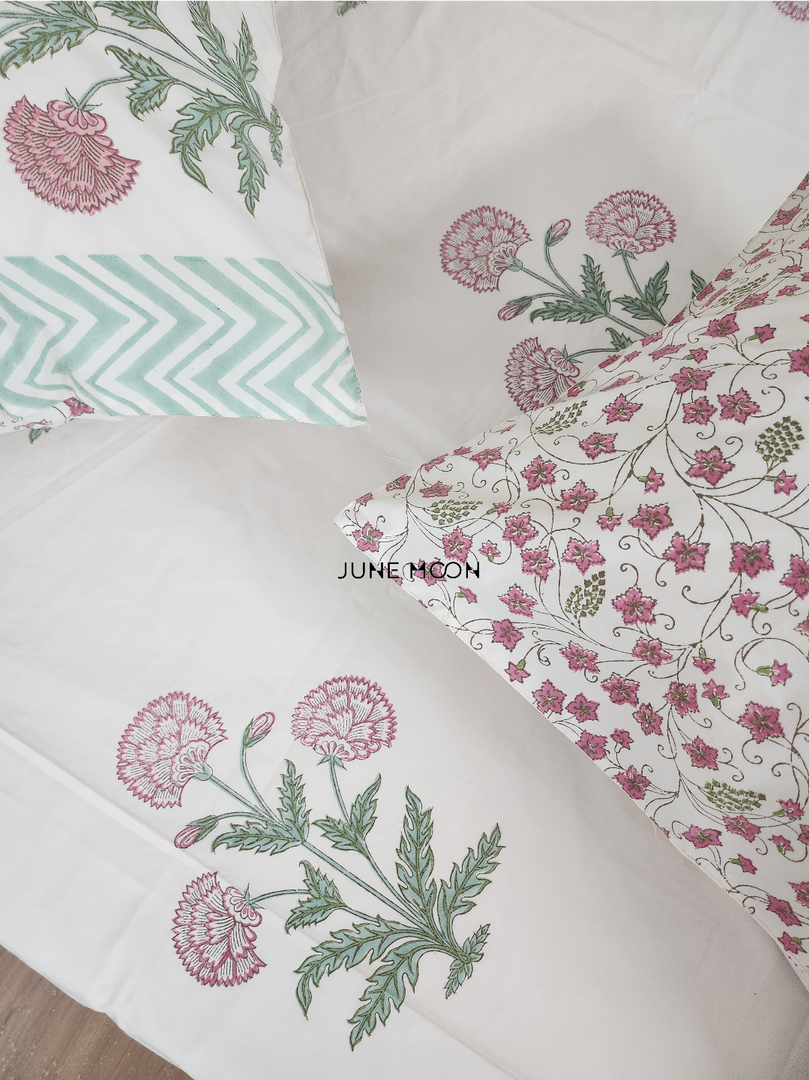 Hued Mist - Block Printed Bedsheet Set (Pink Base)