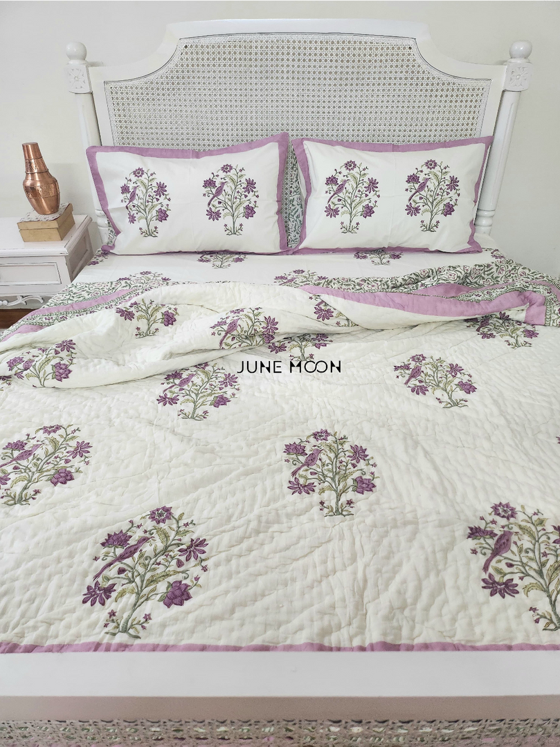 Lavender Fairy - Block Printed Muslin Quilt (Cream Base)