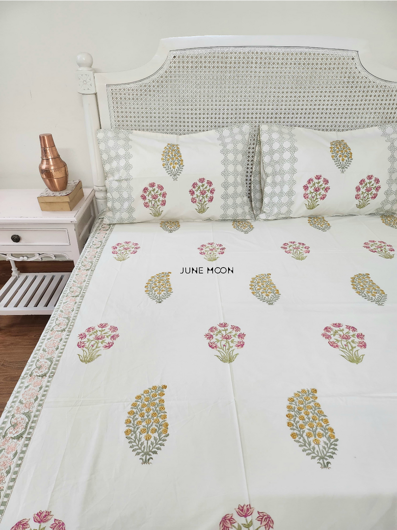 Gulmohar - Block Printed Bedsheet Set (Cream Base)