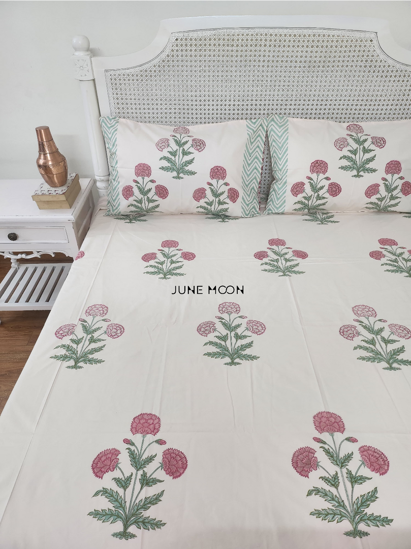 Hued Mist - Block Printed Bedsheet Set (Pink Base)