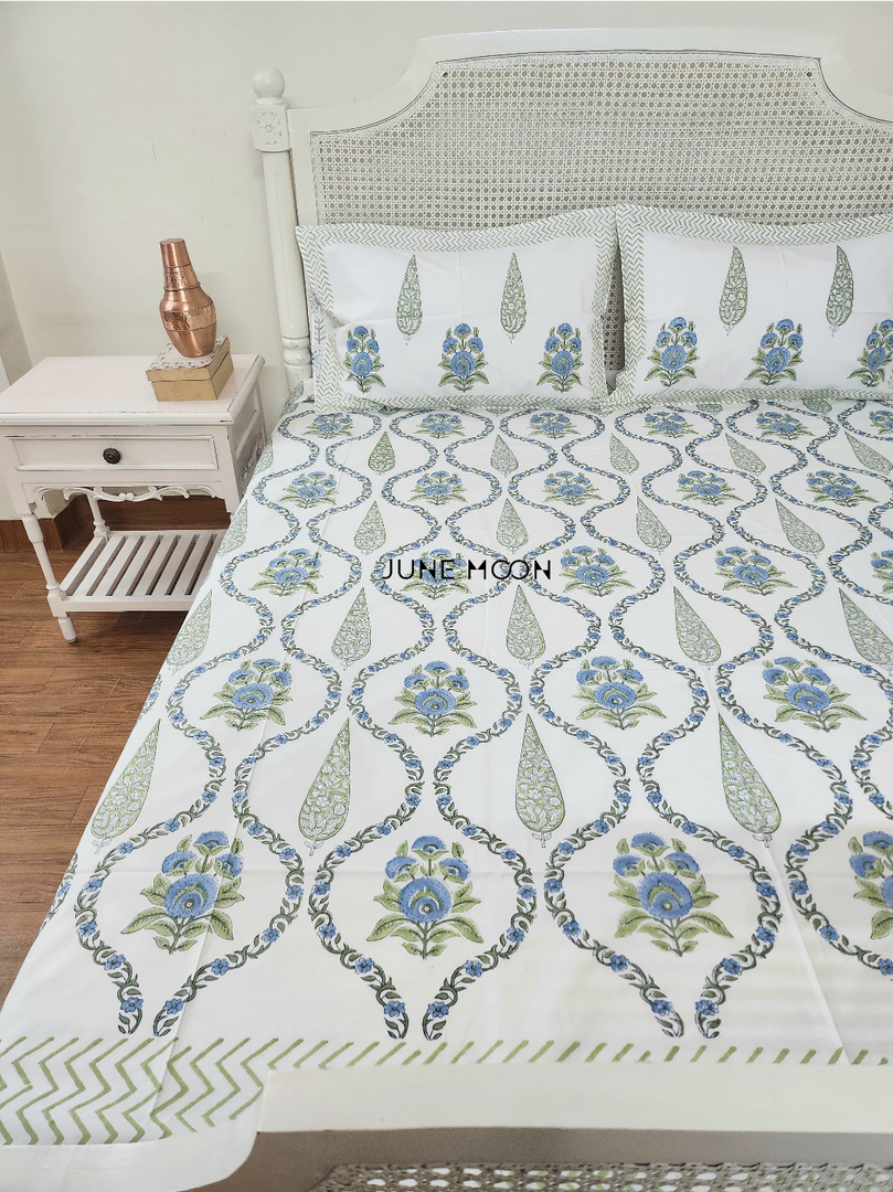 Cool Cascades - Block Printed Bedsheet Set