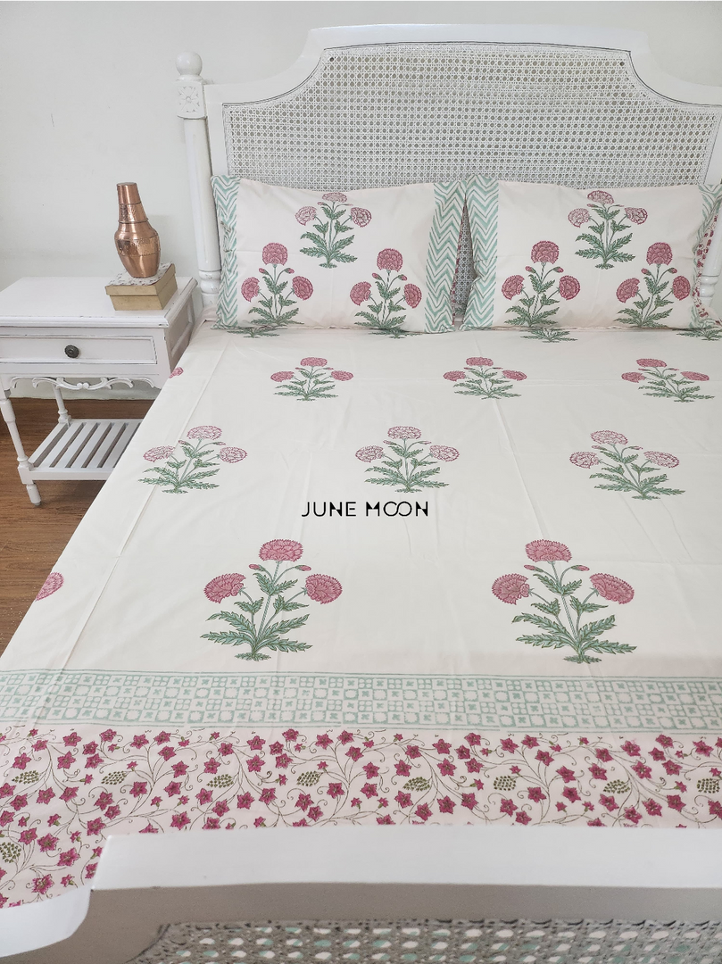 Hued Mist - Block Printed Bedsheet Set (Pink Base)