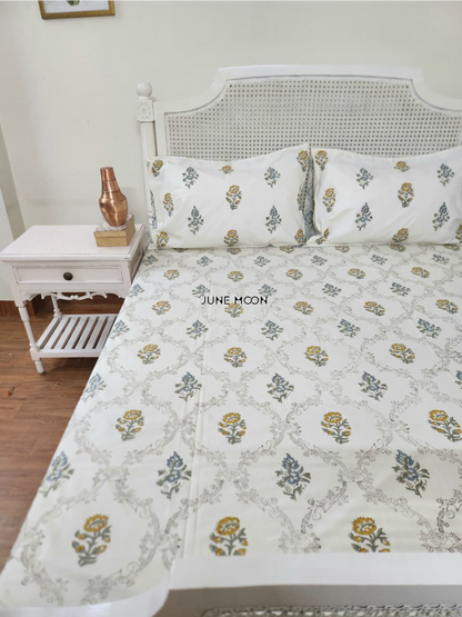 Golden Hour - Block Printed Bedsheet Set (Cream Base)