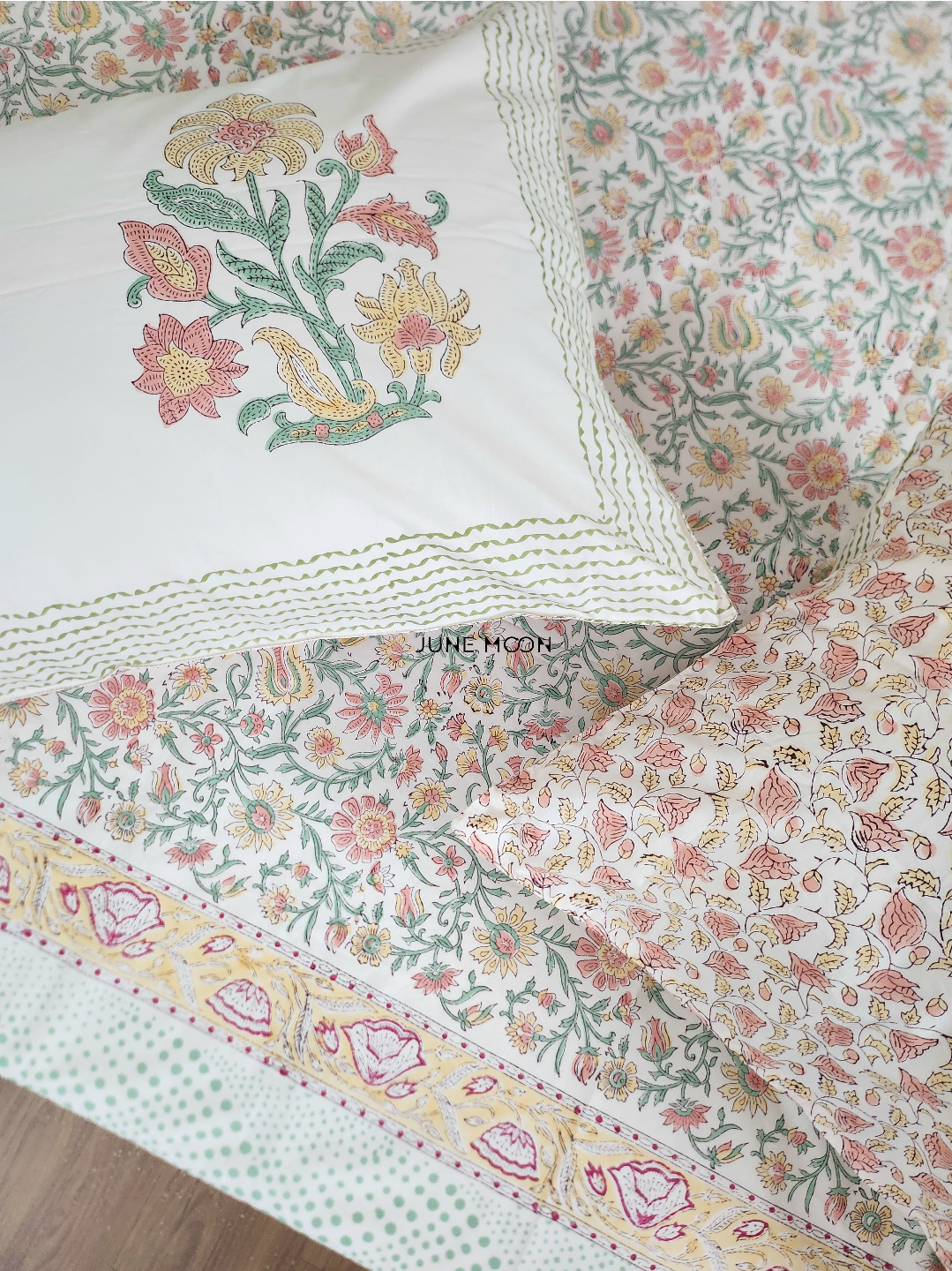 Spring Terrace - Block Printed Bedsheet Set (Peach Base)