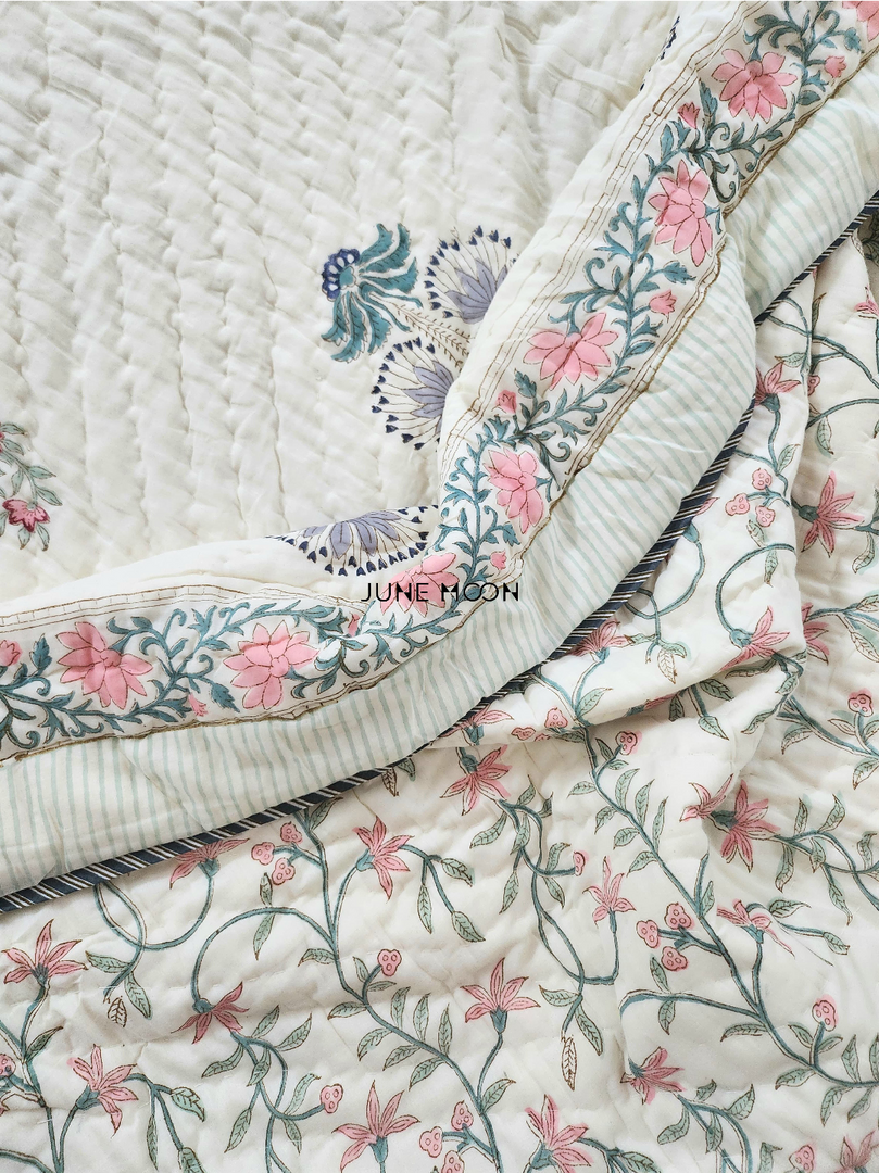 Sweet Melody - Block Printed Muslin Quilt (Cream Base)