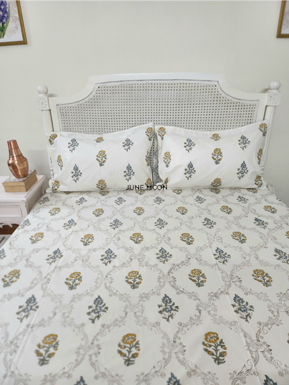 Golden Hour - Block Printed Bedsheet Set (Cream Base)