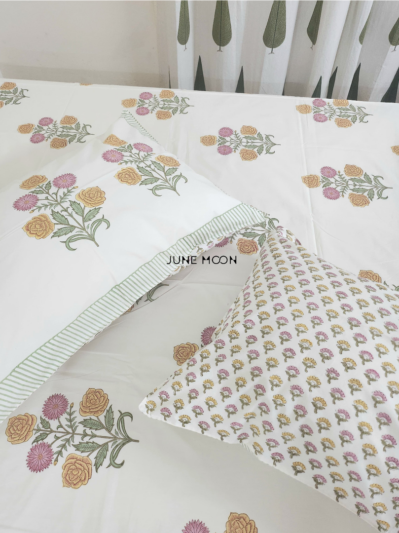 Heart Of Gold - Block Printed Bedsheet Set (Cream Base)