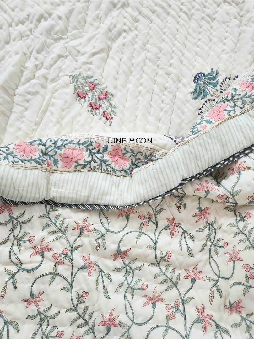 Sweet Melody - Block Printed Muslin Quilt (Cream Base)