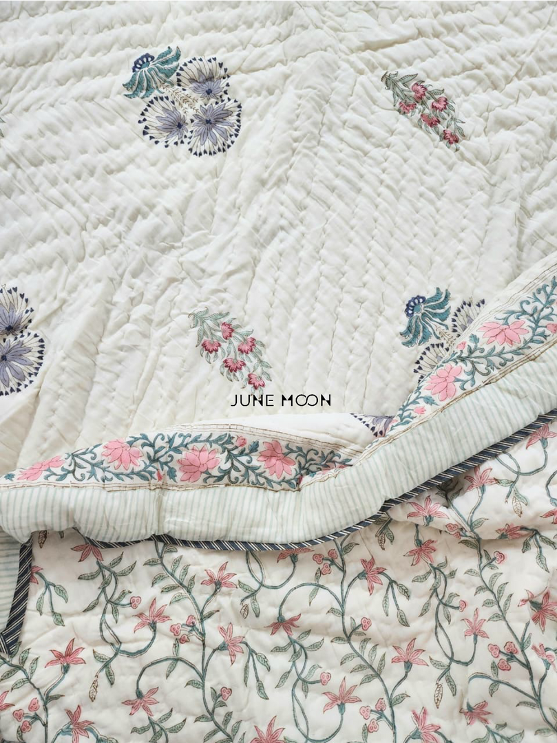 Sweet Melody - Block Printed Muslin Quilt (Cream Base)