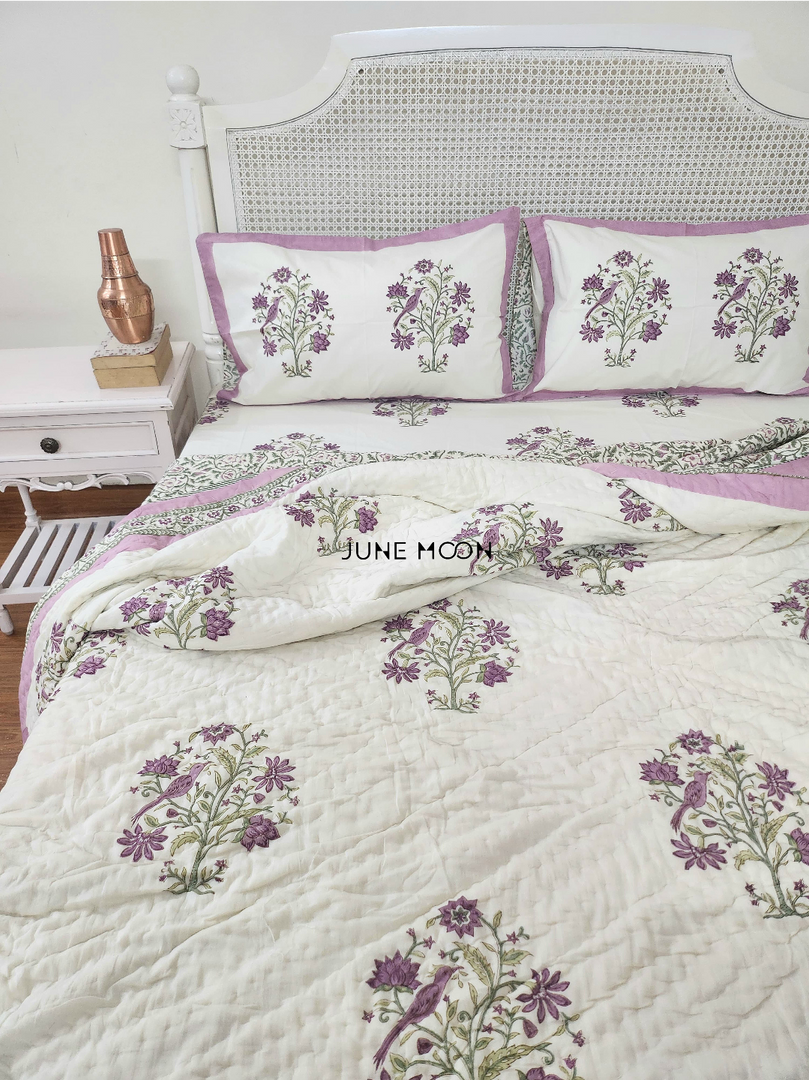 Lavender Fairy - Block Printed Muslin Quilt (Cream Base)