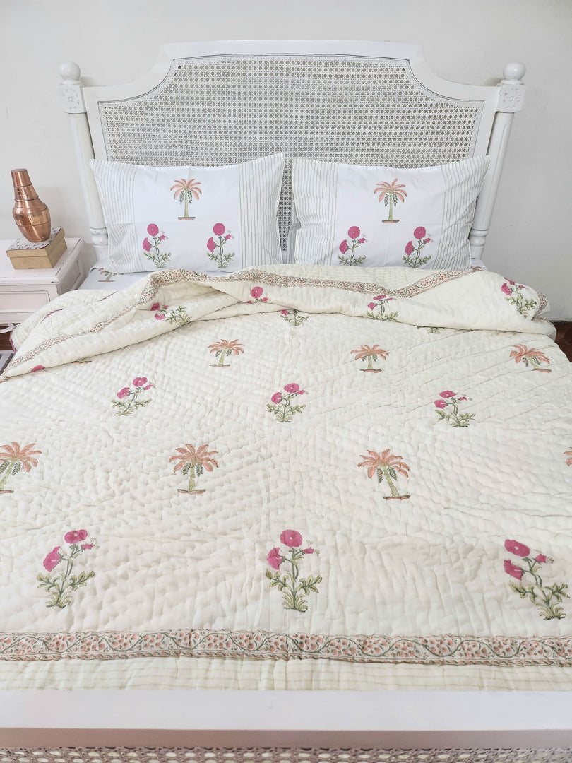 Gulnoor - Set of Quilt & Bedsheet (Quilt - Cream Base)