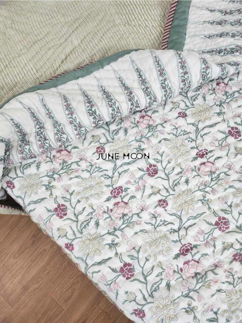 Lilac & Leaves - Block Printed Muslin Quilt