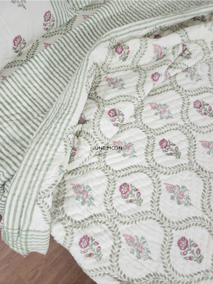 Rosewood - Block Printed Muslin Quilt (Cream Base)