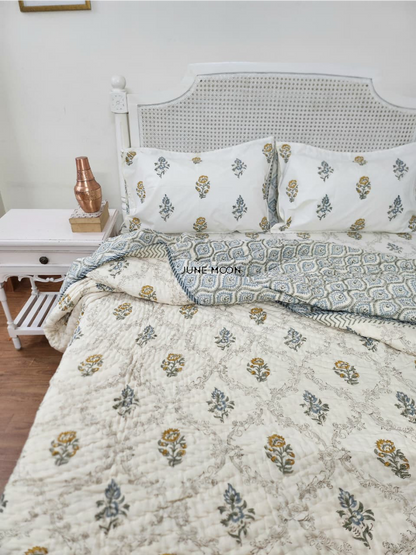 Golden Hour - Block Printed Muslin Quilt (Cream Base)